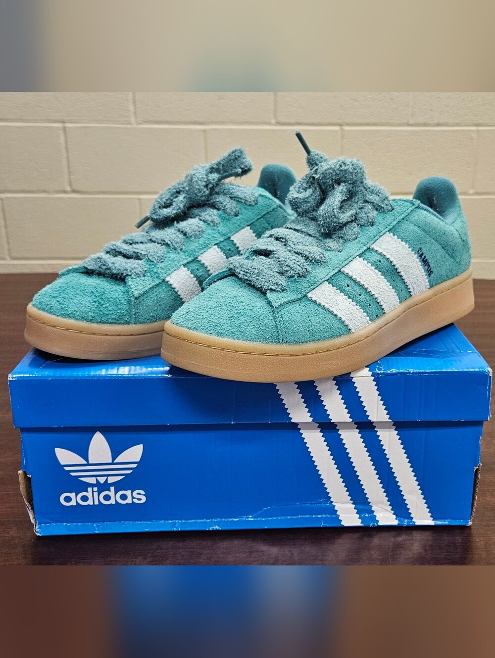 adidas Teal Suede Sneakers with White Stripes and Gum Sole